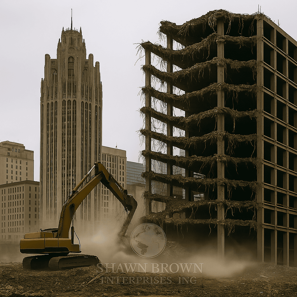 A large building being demolished.